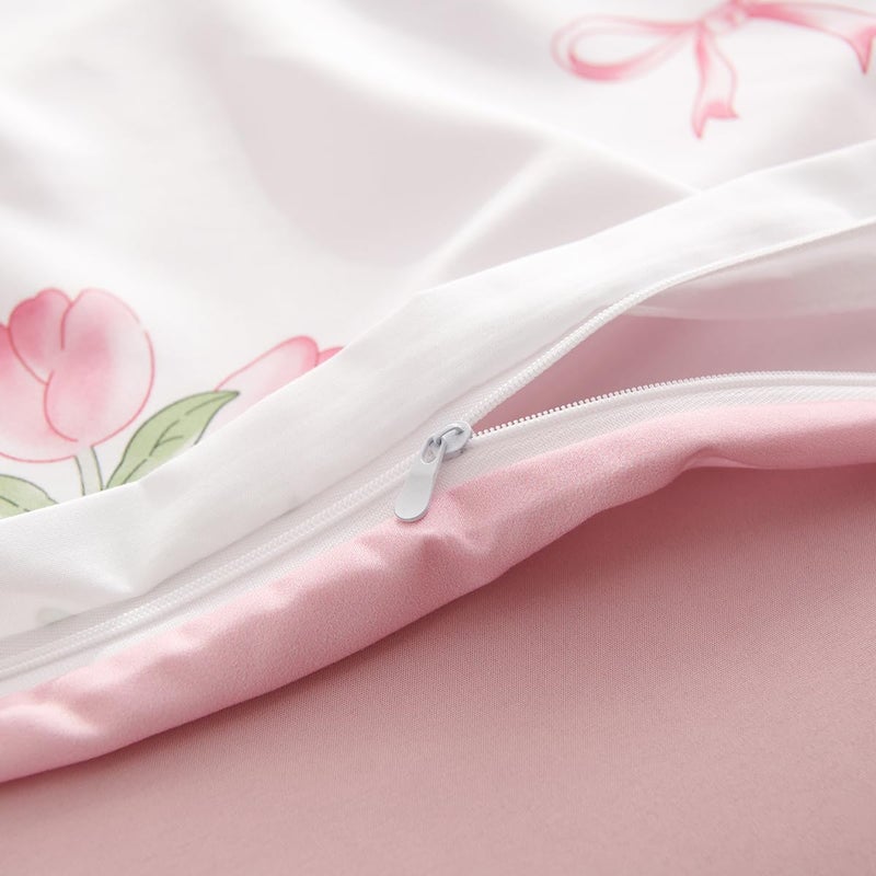 Bildenly Duvet Cover Queen Size White - Pink Floral Comforter Cover Soft & Lightweight Bedding Set, Microfiber Pink Bow Quilt Cover with Zipper Closure and 2 Pillowcases (90" x 90", No Comforter) - Image 5