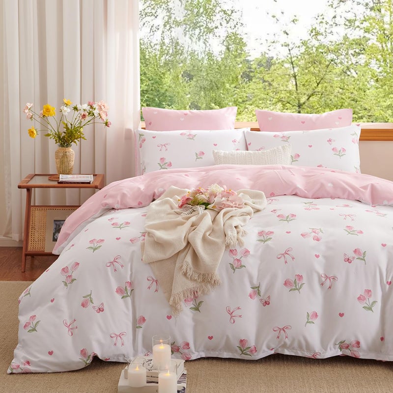 Bildenly Duvet Cover Queen Size White - Pink Floral Comforter Cover Soft & Lightweight Bedding Set, Microfiber Pink Bow Quilt Cover with Zipper Closure and 2 Pillowcases (90" x 90", No Comforter) - Image 3