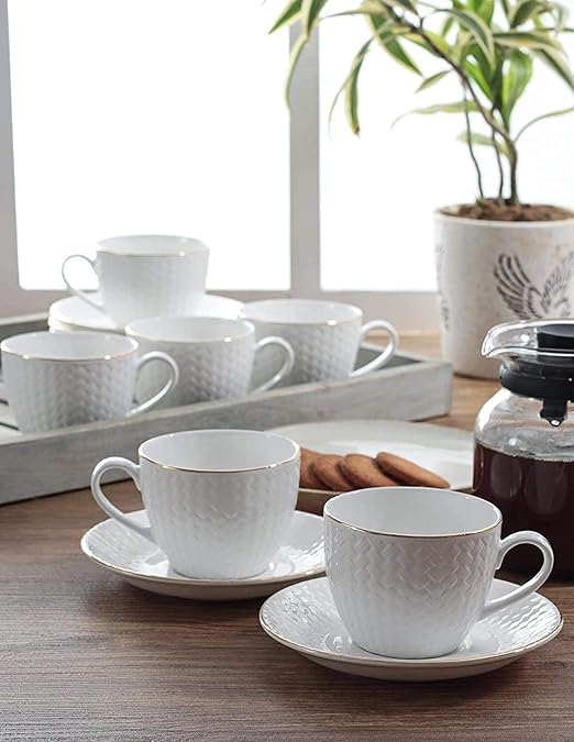 BeauZara BeauZara Premium Ceramic Gold/Silver Line for Home and Kitchen Tea Cup (6 Cup and 6 Saucer) - Image 1