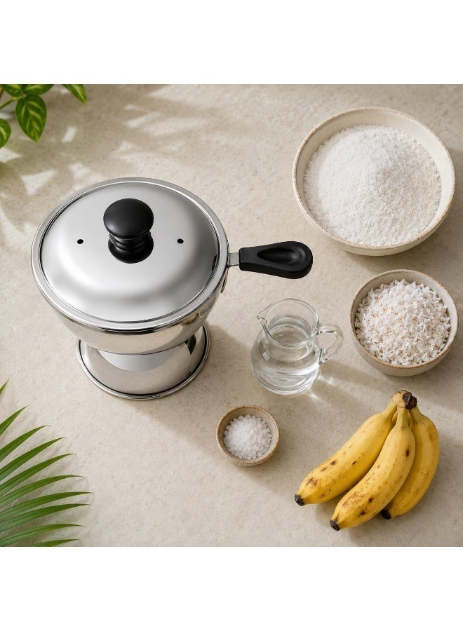 Stainless Steel Chiratta Cup Puttu Maker Steamer Big with Steamer Plate, Bakelite lid knob, Brass Vent and Black Plastic Handle to use with Pressure Cooker Top - Image 4