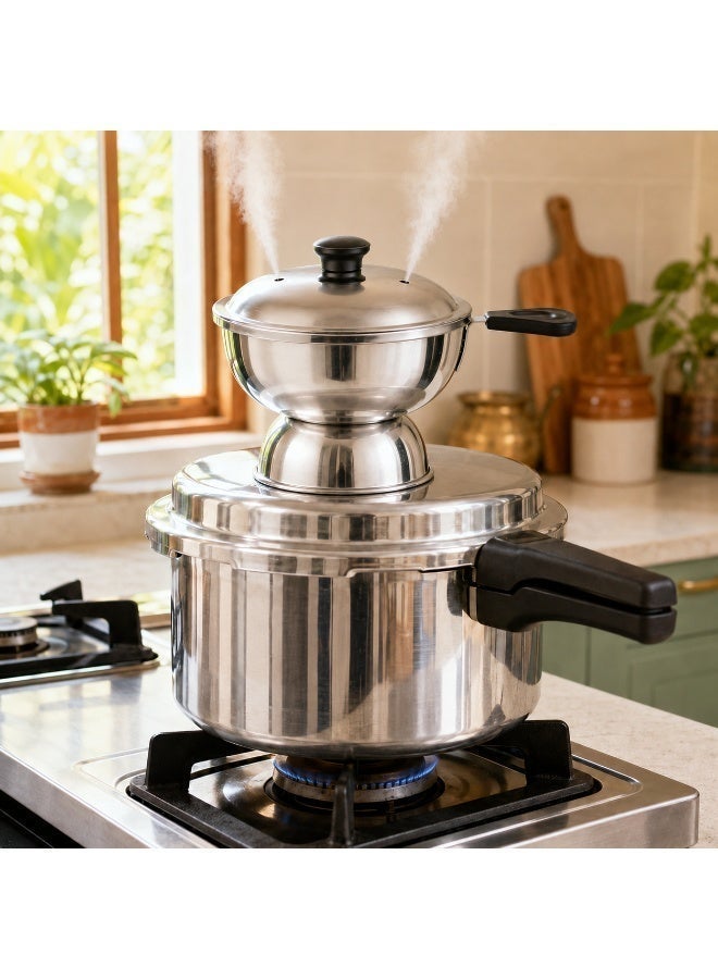 Stainless Steel Chiratta Cup Puttu Maker Steamer Big with Steamer Plate, Bakelite lid knob, Brass Vent and Black Plastic Handle to use with Pressure Cooker Top - Image 3