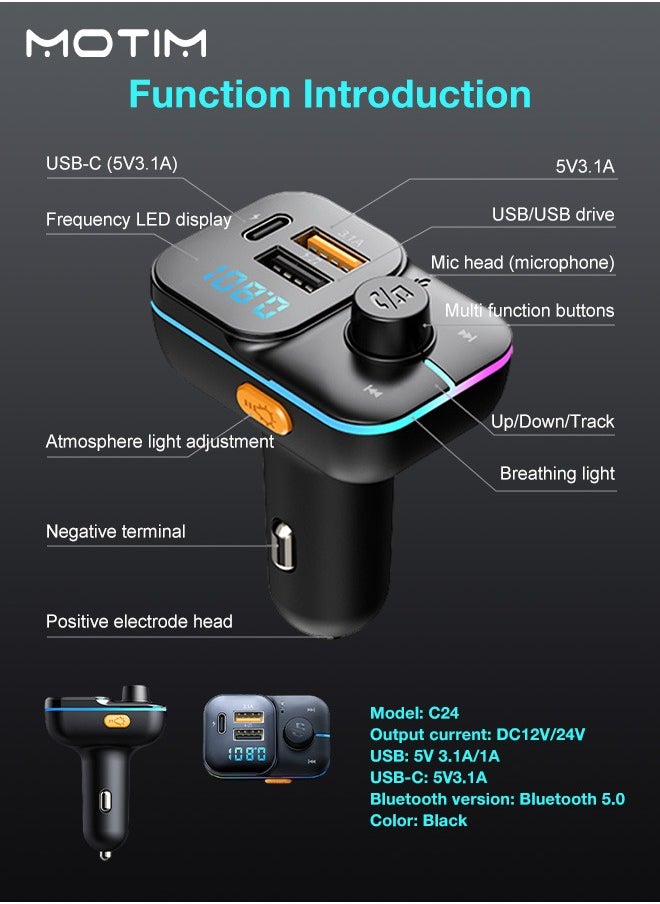 Wireless Car Adapter Car Kit with QC USB 3.1A Charger+ PD Fast Charging, Car Fast Charger MP3 Player Support TF Card & USB Disk, MP3 Music Player, Bluetooth FM Transmitter