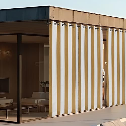HIPPO Outdoor Stripe 180 GSM Sun Blocking Balcony Eyelet/Grommet Curtain Sun Protection, Light Filtering for Garden Patio (Beige-White, 4.5FTX8FT) - Image 1