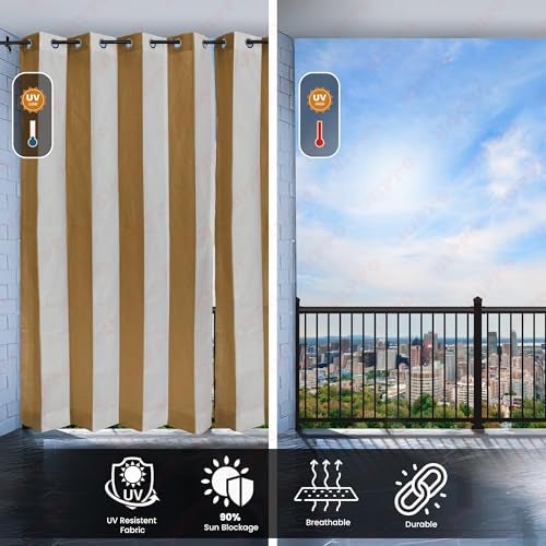 HIPPO Outdoor Stripe 180 GSM Sun Blocking Balcony Eyelet/Grommet Curtain Sun Protection, Light Filtering for Garden Patio (Beige-White, 4.5FTX8FT) - Image 2