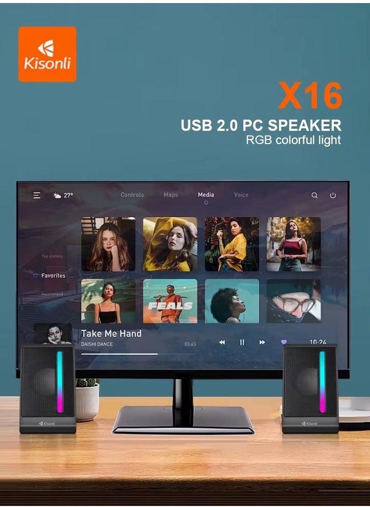 KISONLI X16 USB + AUX 3.5MM Speaker RGB Speaker for Computer, LAPTOP 3 WATT PER SPEAKER  WITH MODERN ERGONOMIC DESIGN PERFECT FOR YOUR COMPUTER  SETUP