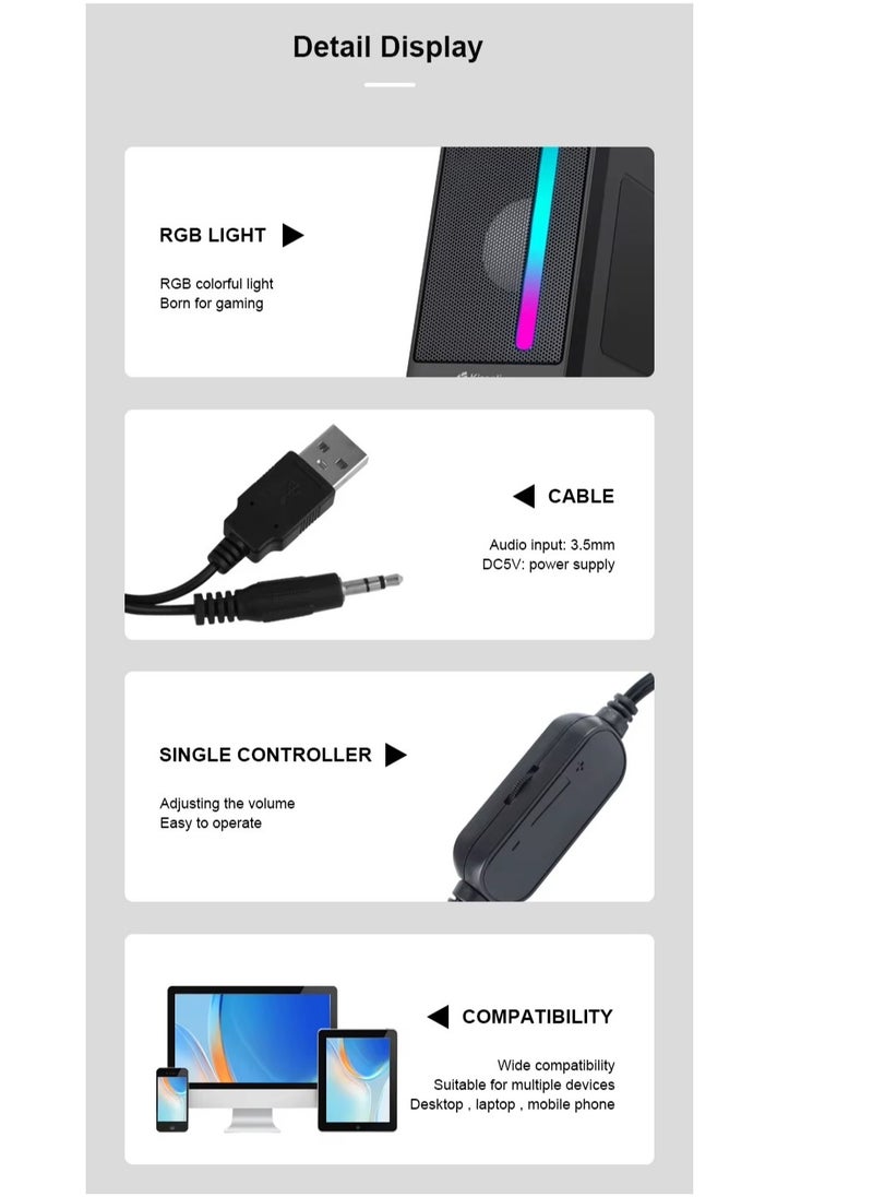 KISONLI X16 USB + AUX 3.5MM Speaker RGB Speaker for Computer, LAPTOP 3 WATT PER SPEAKER  WITH MODERN ERGONOMIC DESIGN PERFECT FOR YOUR COMPUTER  SETUP