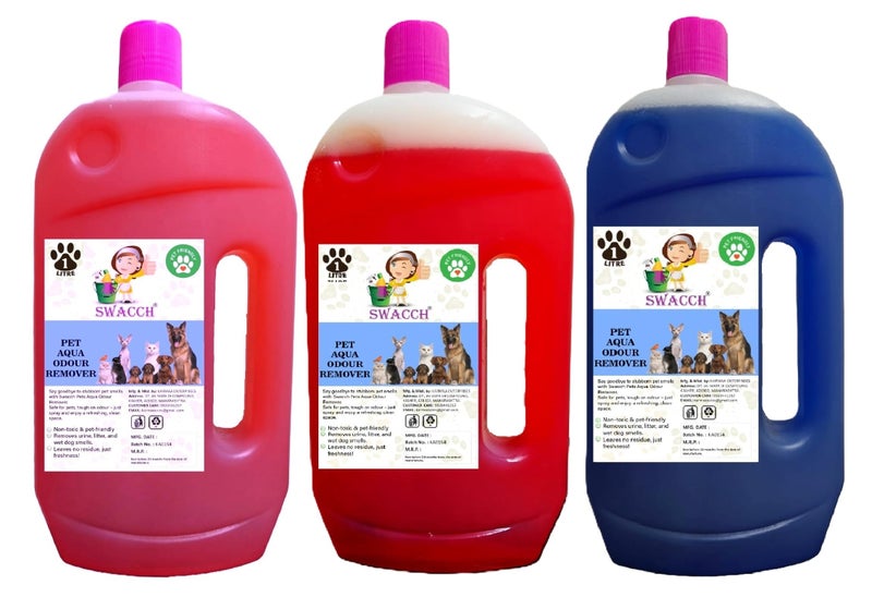 swacch Pet Aqua Odour Remover Liquid I Pet Safe Deodorizer for Home & Pet Areas I 1 Litre Combo Pack of 3 Rose, Strawberry & Lavender - Image 1