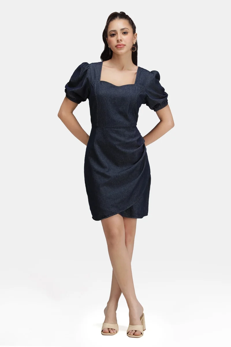 فيرجيو Solid Cotton Denim Pleated Mini Dress for Women