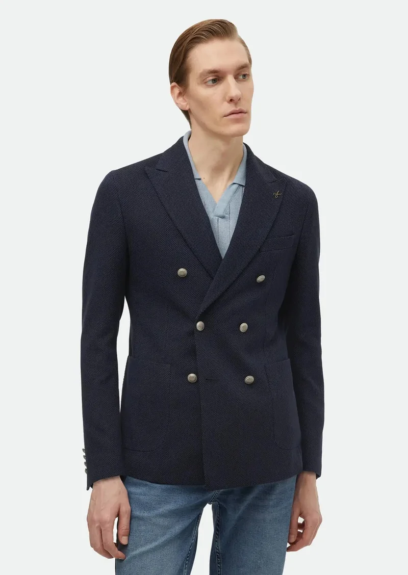 RAMSEY Navy Blue Patterned Shirt Shoulder Slim Fit Cotton Blended Jacket