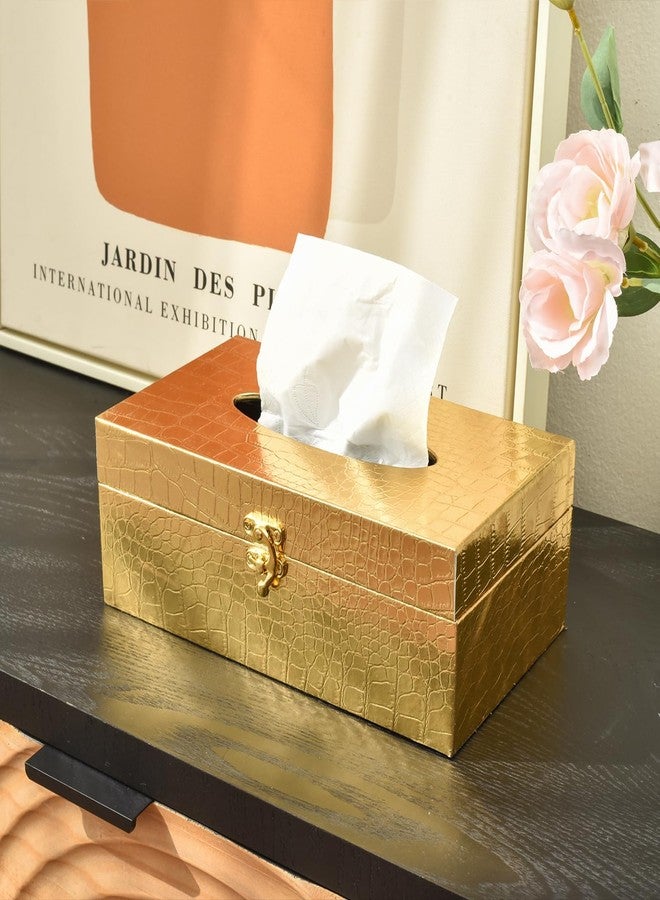 غطاء علبة مناديل من جلد التمساح من جامبو ديكور مع مشبك - حامل علبة مناديل مستطيل الشكل ذهبي اللون بتصميم عصري وأنيق للحمام وغرفة النوم وغرفة المعيشة - Image 1