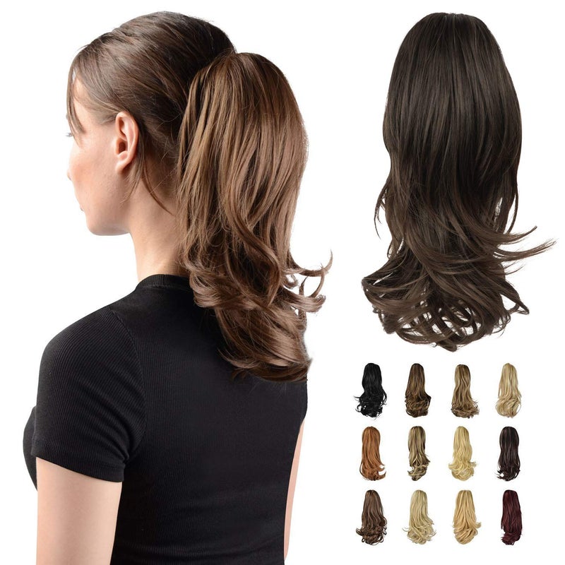 SOFEIYAN 13 Ponytail Extension Long Curly Ponytail Clip in Claw Hair Extension Natural Looking Synthetic Hairpiece for Women BlackMedium Chestnut Brown Mix