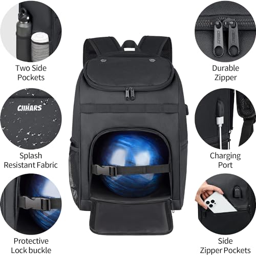 Ciihars Bowling Backpack Single Bowling Ball Bag with Shoe Bag Up to Size 16 Protective Foam Padded Accessories Gifts Bag with Padded Ball HolderBLACK - Image 3