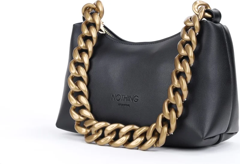 نوثينج Women's Soft Leather Chain Detailed Handled Mini Hand Shoulder Baguette Bag