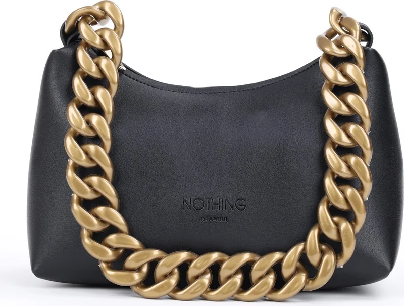 نوثينج Women's Soft Leather Chain Detailed Handled Mini Hand Shoulder Baguette Bag