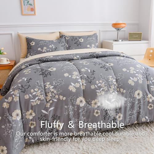 AIKASY Grey Queen Bed in a Bag 7-Pieces, Comforter Set with Sheets,Tree Branches and Flowers Printing Design,Ultra Soft Down Alternative All Season Bedding Set(Queen, Grey) - Image 3