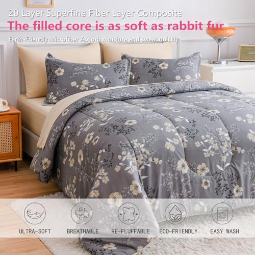 AIKASY Grey Queen Bed in a Bag 7-Pieces, Comforter Set with Sheets,Tree Branches and Flowers Printing Design,Ultra Soft Down Alternative All Season Bedding Set(Queen, Grey) - Image 5