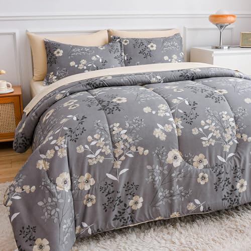 AIKASY Grey Queen Bed in a Bag 7-Pieces, Comforter Set with Sheets,Tree Branches and Flowers Printing Design,Ultra Soft Down Alternative All Season Bedding Set(Queen, Grey) - Image 1