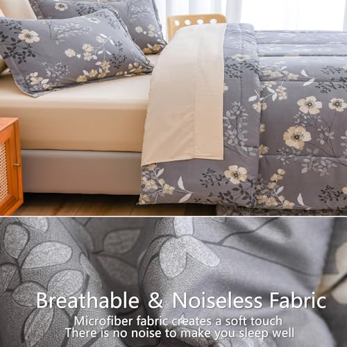 AIKASY Grey Queen Bed in a Bag 7-Pieces, Comforter Set with Sheets,Tree Branches and Flowers Printing Design,Ultra Soft Down Alternative All Season Bedding Set(Queen, Grey) - Image 4