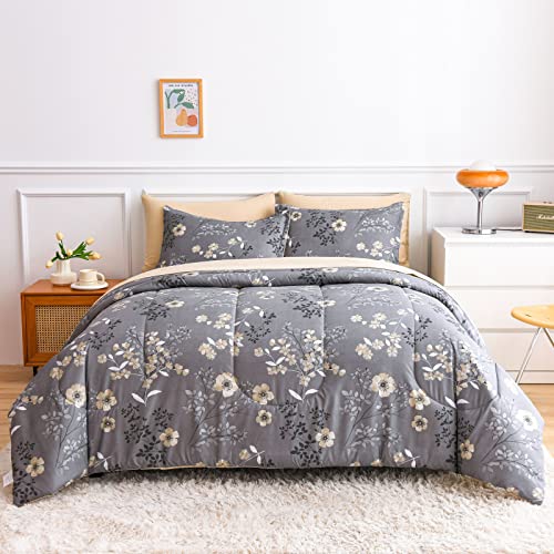 AIKASY Grey Queen Bed in a Bag 7-Pieces, Comforter Set with Sheets,Tree Branches and Flowers Printing Design,Ultra Soft Down Alternative All Season Bedding Set(Queen, Grey) - Image 2