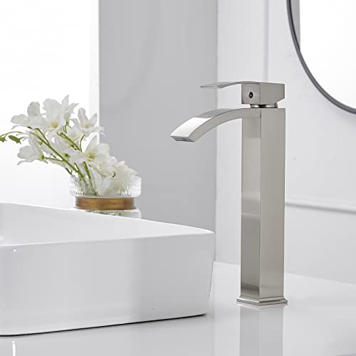 Green Spring Greenspring Brushed Nickel Vessel Sink Faucet, Waterfall Bathroom Faucets, Tall Spout Single Handle Single Hole Bathroom Faucets with Pop Up Drain and Without Overflow Basin Faucet Supply Line - Image 3