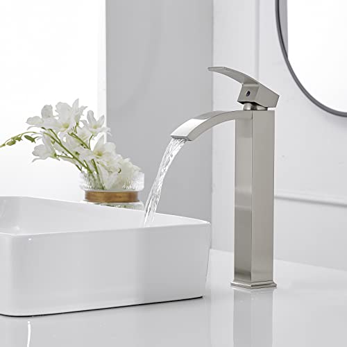Green Spring Greenspring Brushed Nickel Vessel Sink Faucet, Waterfall Bathroom Faucets, Tall Spout Single Handle Single Hole Bathroom Faucets with Pop Up Drain and Without Overflow Basin Faucet Supply Line - Image 5
