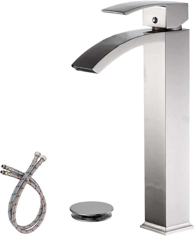 Green Spring Greenspring Brushed Nickel Vessel Sink Faucet, Waterfall Bathroom Faucets, Tall Spout Single Handle Single Hole Bathroom Faucets with Pop Up Drain and Without Overflow Basin Faucet Supply Line - Image 1
