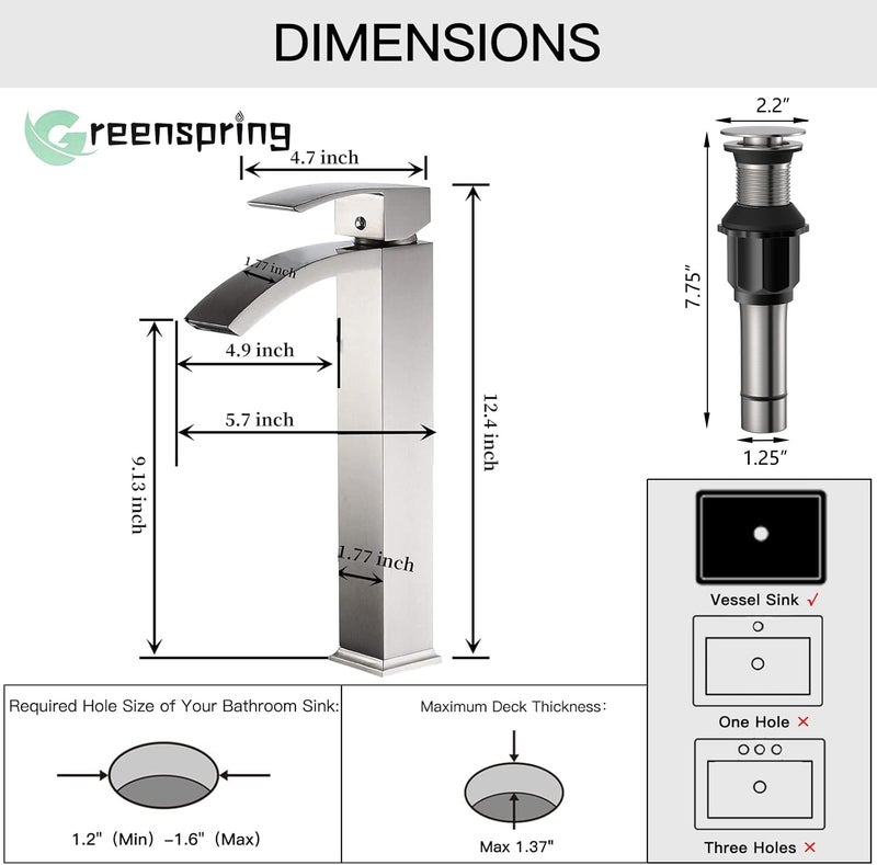 Green Spring Greenspring Brushed Nickel Vessel Sink Faucet, Waterfall Bathroom Faucets, Tall Spout Single Handle Single Hole Bathroom Faucets with Pop Up Drain and Without Overflow Basin Faucet Supply Line - Image 2