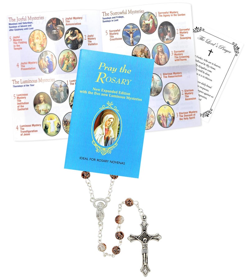 Trendzeen How To Pray The Rosary Booklet - How To Pray The Rosary Pamphlet Catholic Guide, Brown Beads Rosary, The Lord's Prayer Card - How To Pray The Rosary Prayer Book Set of 4 Items - Image 1