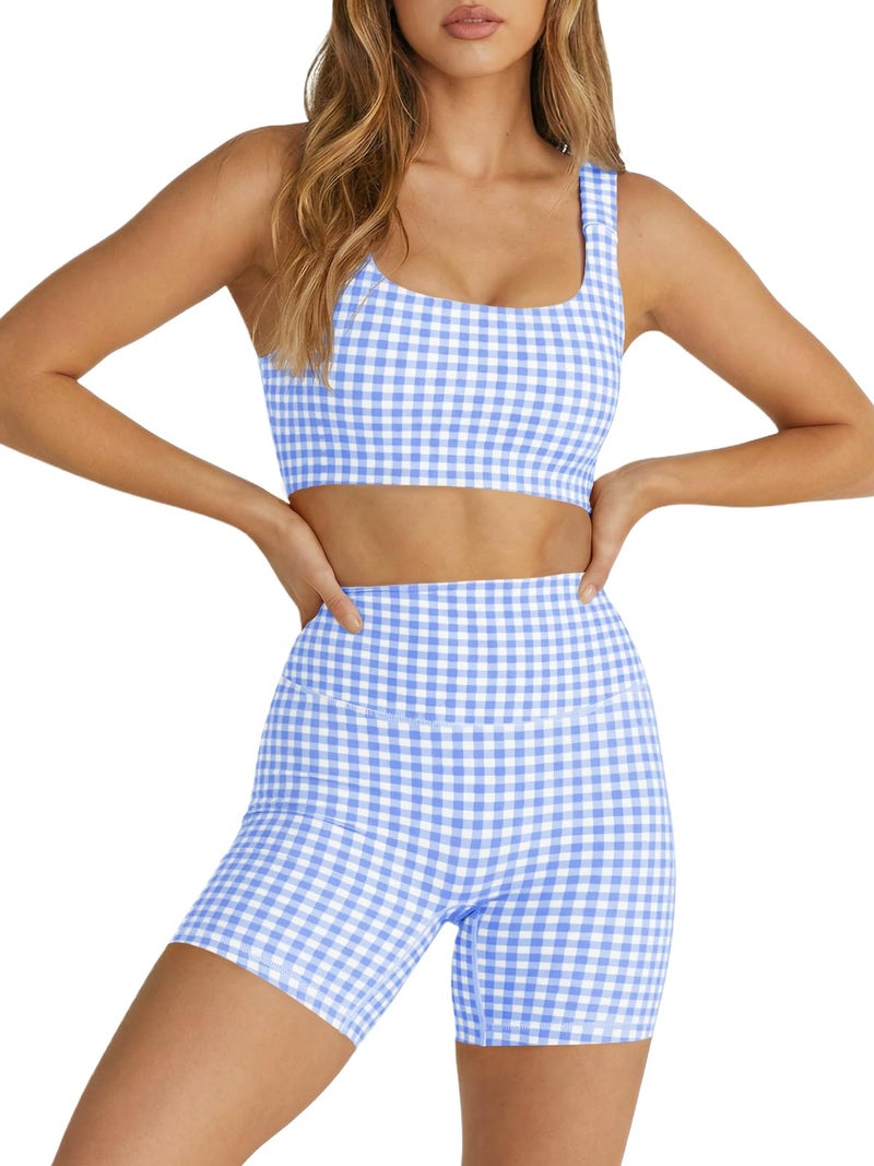 Aoysky Womens Workout Gingham 2 Piece Outfits Padded Open Back Crop Tank High Waist Sports Shorts Sets Casual Yoga Matching Sets - Image 2