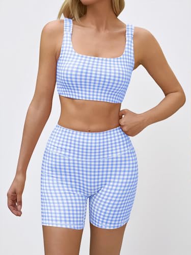 Aoysky Womens Workout Gingham 2 Piece Outfits Padded Open Back Crop Tank High Waist Sports Shorts Sets Casual Yoga Matching Sets - Image 3