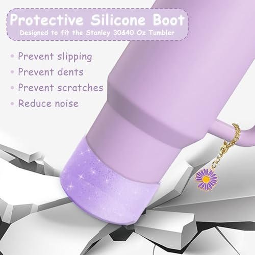 vikgle Stanley Cup Accessories Set,Including 2 Pcs 0.4in Straw Cover, 1 Silicone Spill-Proof Stopper Set of 3, 1 Cute Purple Flower Handle Charm, 1 Silicone Boot Fits Stanley 40&30 Oz Tumbler (Purple) - Image 4