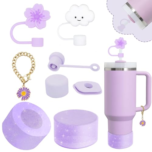 vikgle Stanley Cup Accessories Set,Including 2 Pcs 0.4in Straw Cover, 1 Silicone Spill-Proof Stopper Set of 3, 1 Cute Purple Flower Handle Charm, 1 Silicone Boot Fits Stanley 40&30 Oz Tumbler (Purple) - Image 1