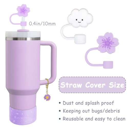 vikgle Stanley Cup Accessories Set,Including 2 Pcs 0.4in Straw Cover, 1 Silicone Spill-Proof Stopper Set of 3, 1 Cute Purple Flower Handle Charm, 1 Silicone Boot Fits Stanley 40&30 Oz Tumbler (Purple) - Image 2