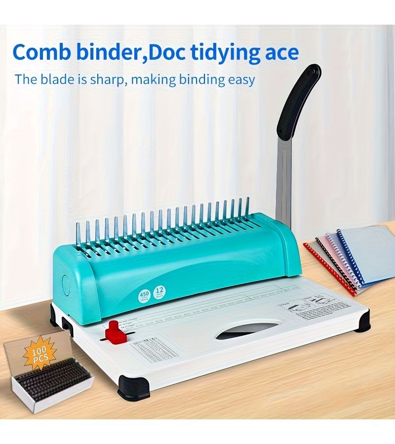 This Comb Binding Machine With 21 Holes Cyan Enhances Contact Area For Easier And Quicker Use With Adjustable Edge Distance Compatible With A4 A5 And Letter Paper - Image 1