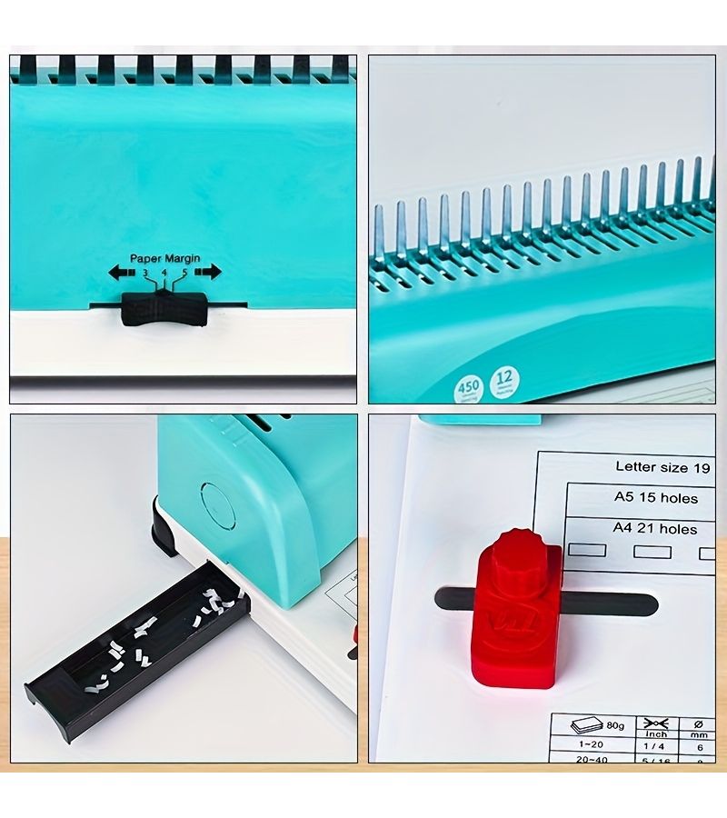 This Comb Binding Machine With 21 Holes Cyan Enhances Contact Area For Easier And Quicker Use With Adjustable Edge Distance Compatible With A4 A5 And Letter Paper - Image 2