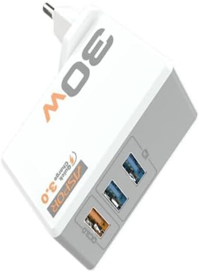Aspor ASPOR A838 Fast Charger PD 18WPlus QC 3.0 Plus IQ 2.4A Output EU PIN PlusTYPE-C Cable-3 USB - White 