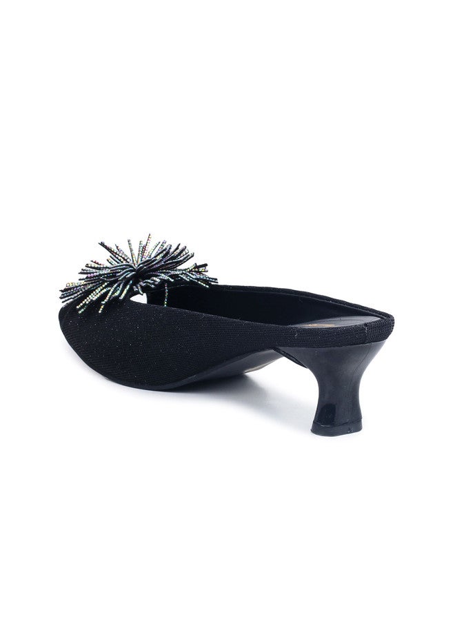 She Zone Black Embellished Party Kitten Sandals for Women - Image 3