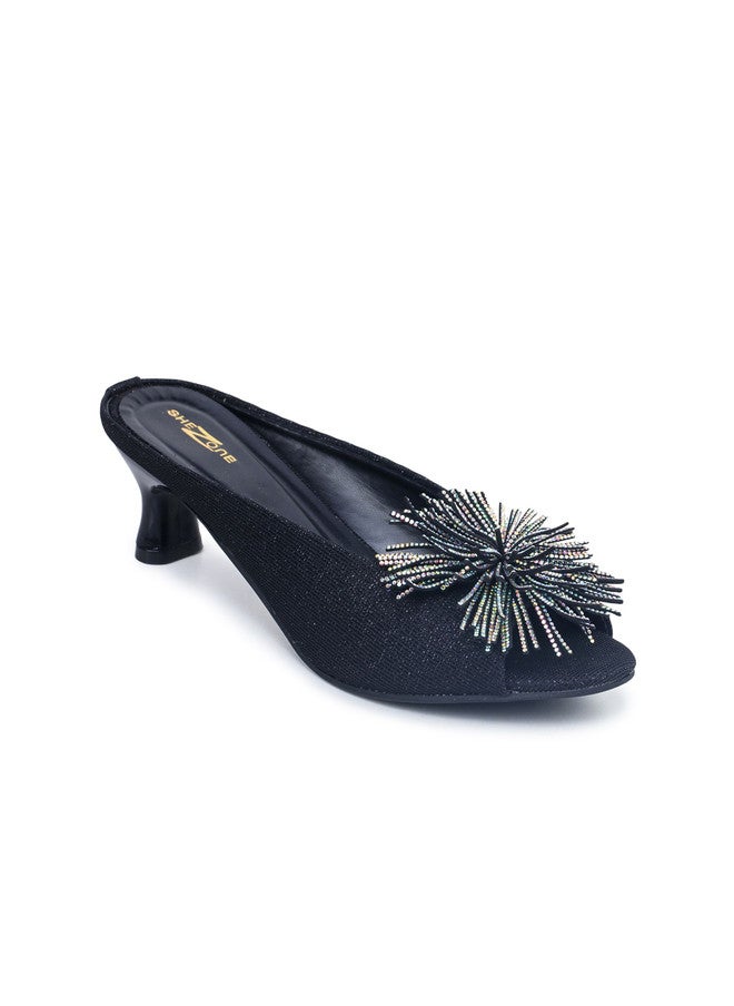 She Zone Black Embellished Party Kitten Sandals for Women - Image 2
