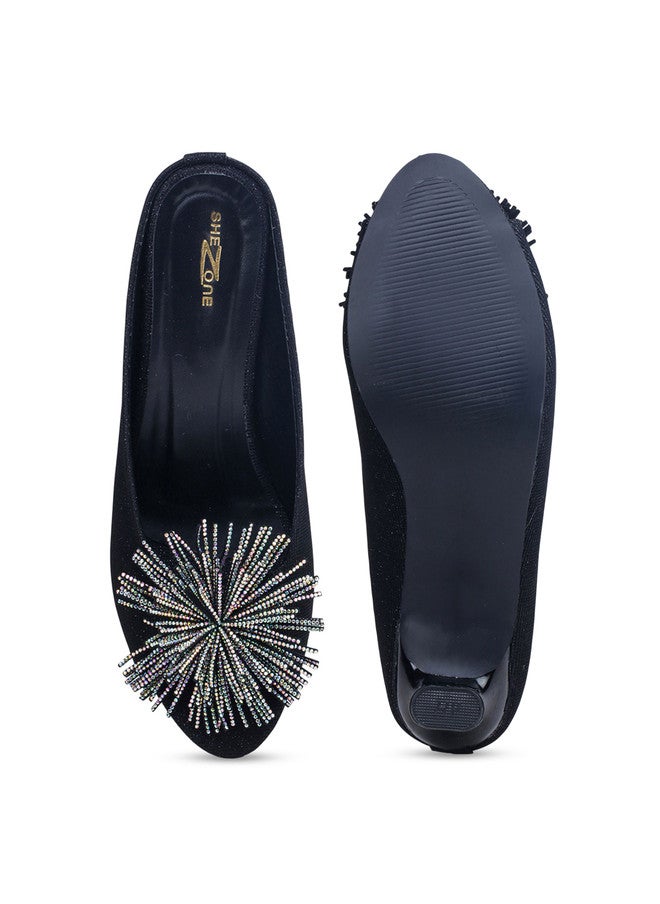 She Zone Black Embellished Party Kitten Sandals for Women - Image 5