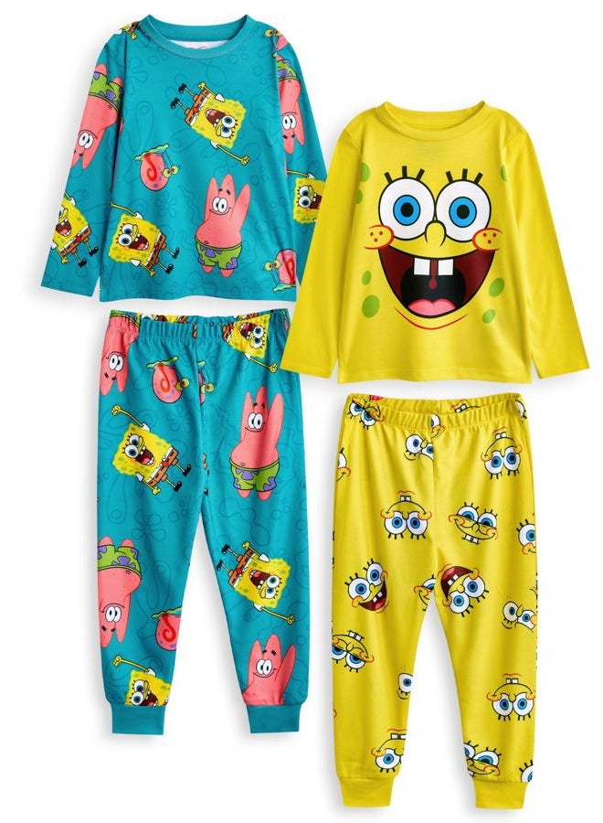 Spongebob Squarepants طقم بيجامة للأطفال من سبونج بوب سكوير بانتس - عبوة من 2 | تي شيرت بأكمام طويلة باللونين الأصفر والأزرق مع رسومات شخصيات | بيجامة بنمط طباعة المرجان لباتريك ستار | هدية من سلسلة الرسوم المتحركة - Image 1
