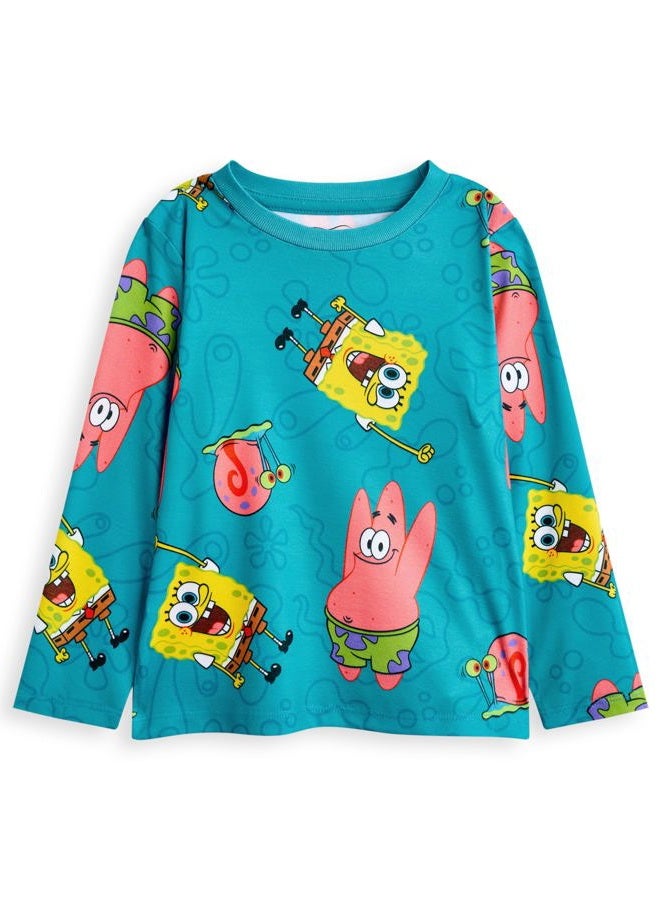 Spongebob Squarepants طقم بيجامة للأطفال من سبونج بوب سكوير بانتس - عبوة من 2 | تي شيرت بأكمام طويلة باللونين الأصفر والأزرق مع رسومات شخصيات | بيجامة بنمط طباعة المرجان لباتريك ستار | هدية من سلسلة الرسوم المتحركة - Image 2