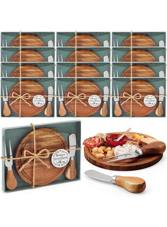 Maxcheck Maxcheck 12 Sets Baby Shower Bridal Game Prizes for Winners Round Cheese Board Set Wood Mini Charcuterie Board with Knives and Forks Bulk Thank You Card with Gift Box for Guests Wedding Favor (Acacia)  - Image 1