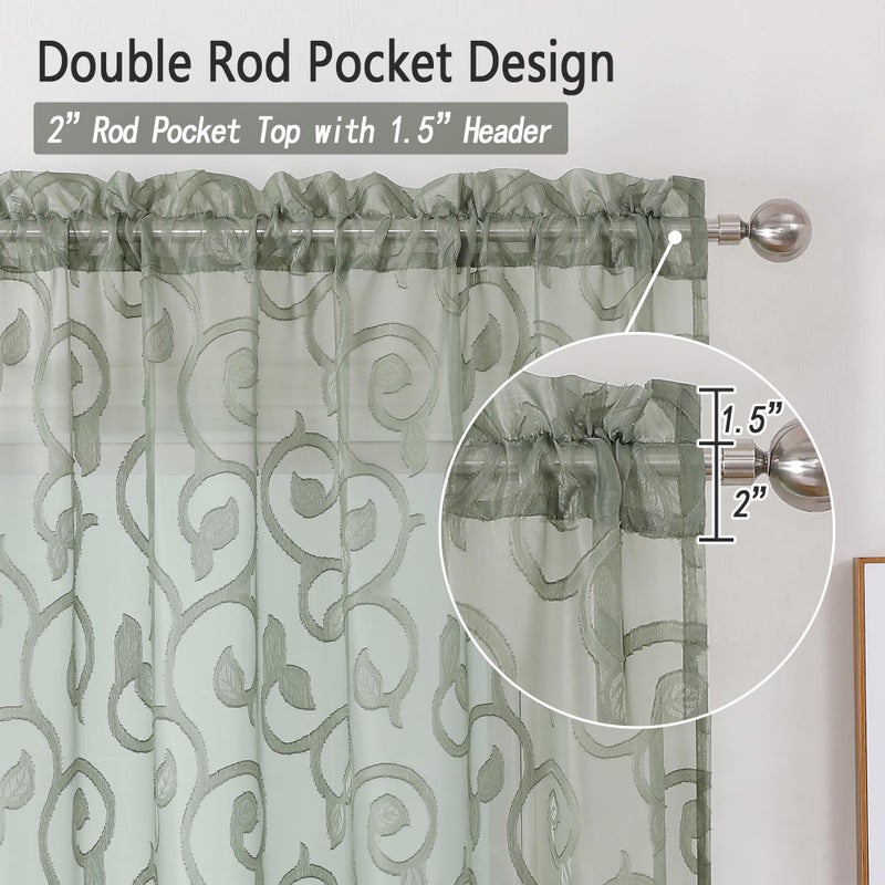 OWENIE Sage Green Sheer Curtains 63 inch Length for Bedroom Living Room 2 Panels Set, Jacquard Clip Textured Semi Sheer Curtains, Light Filtering Rod Pocket Farmhouse Window Treatments, 40Wx63L inch - Image 5