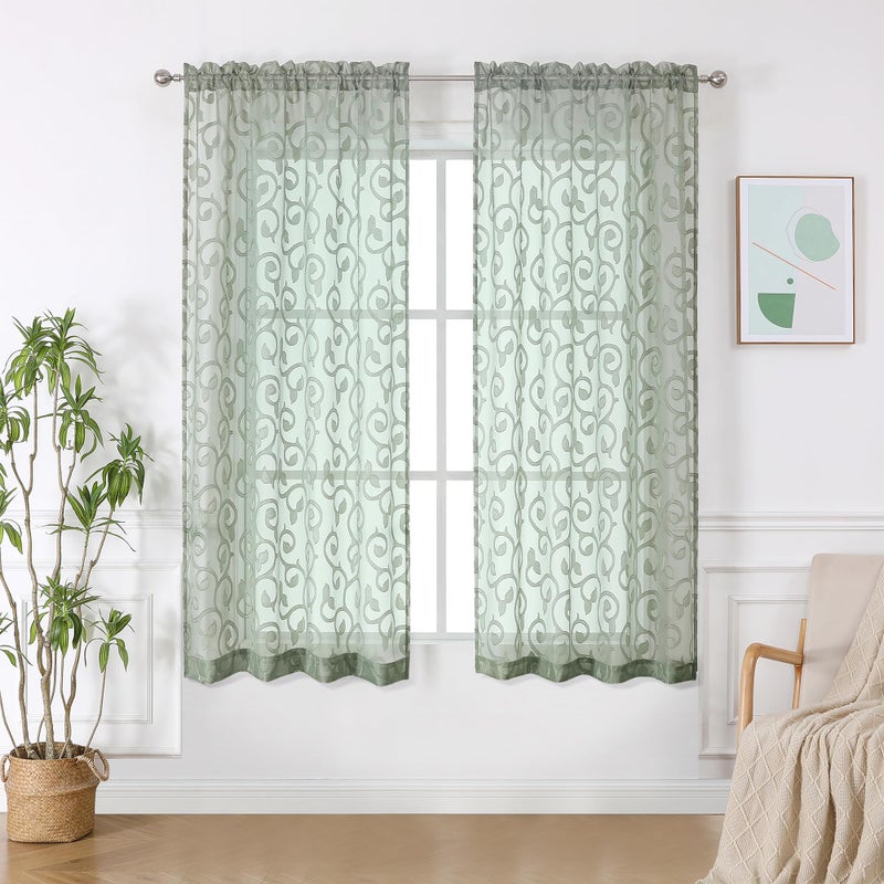 OWENIE Sage Green Sheer Curtains 63 inch Length for Bedroom Living Room 2 Panels Set, Jacquard Clip Textured Semi Sheer Curtains, Light Filtering Rod Pocket Farmhouse Window Treatments, 40Wx63L inch - Image 2