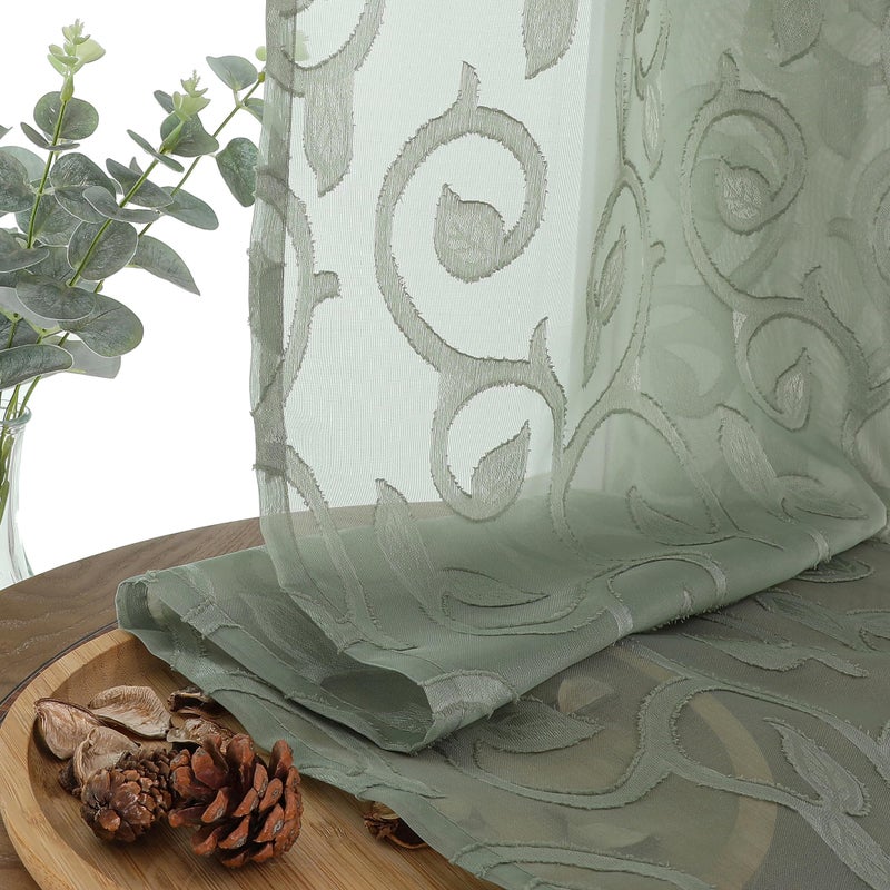 OWENIE Sage Green Sheer Curtains 63 inch Length for Bedroom Living Room 2 Panels Set, Jacquard Clip Textured Semi Sheer Curtains, Light Filtering Rod Pocket Farmhouse Window Treatments, 40Wx63L inch - Image 4
