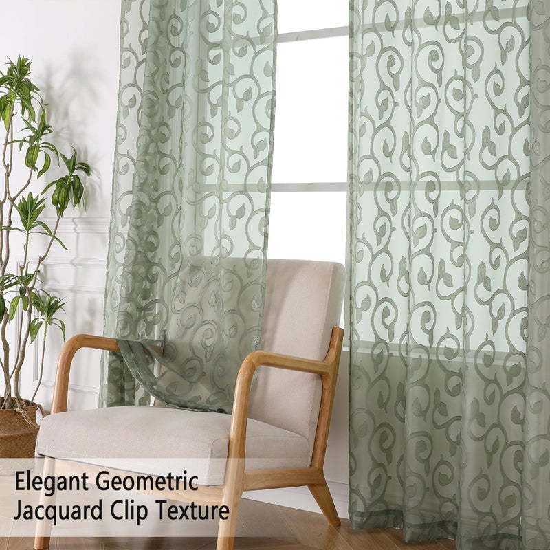 OWENIE Sage Green Sheer Curtains 63 inch Length for Bedroom Living Room 2 Panels Set, Jacquard Clip Textured Semi Sheer Curtains, Light Filtering Rod Pocket Farmhouse Window Treatments, 40Wx63L inch - Image 3