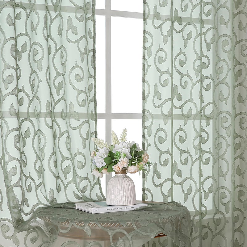 OWENIE Sage Green Sheer Curtains 63 inch Length for Bedroom Living Room 2 Panels Set, Jacquard Clip Textured Semi Sheer Curtains, Light Filtering Rod Pocket Farmhouse Window Treatments, 40Wx63L inch - Image 1