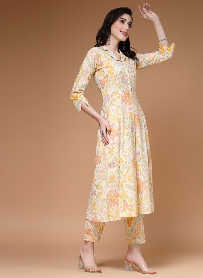 Indibelle Abstract Printed Cuban Collar A-Line Cotton Kurta - Image 3