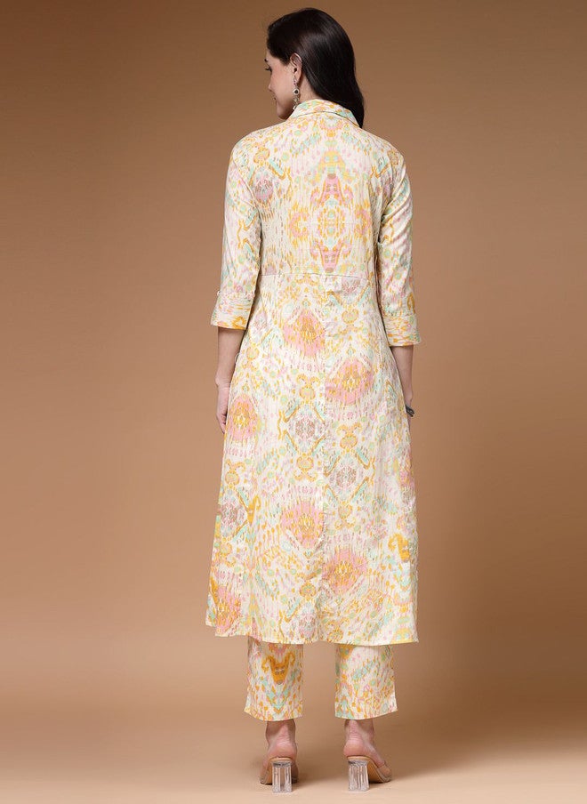 Indibelle Abstract Printed Cuban Collar A-Line Cotton Kurta - Image 4