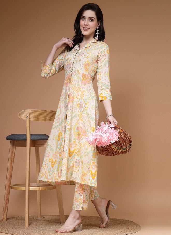 Indibelle Abstract Printed Cuban Collar A-Line Cotton Kurta - Image 1